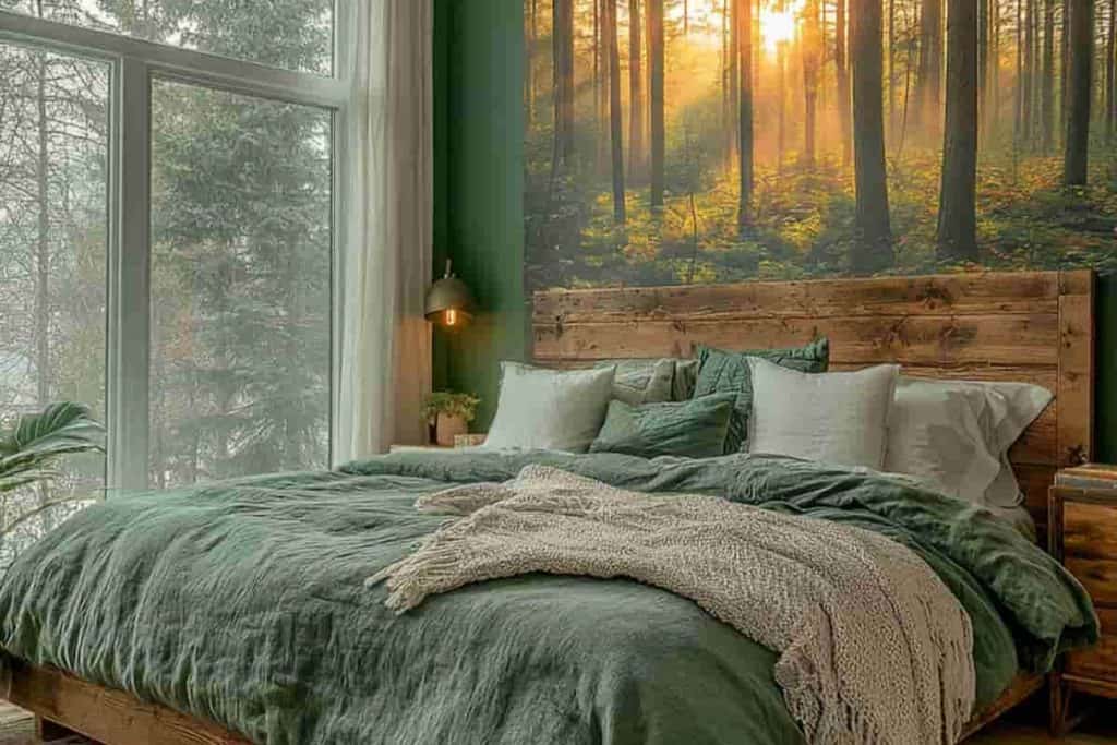 Serene minimalist bedroom with plants and natural textures